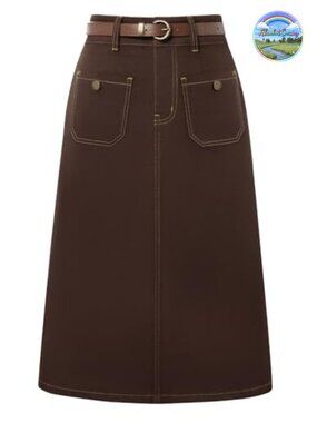 High Waisted Denim Skirt with Belt Below Knee Jean Skirt for Women
